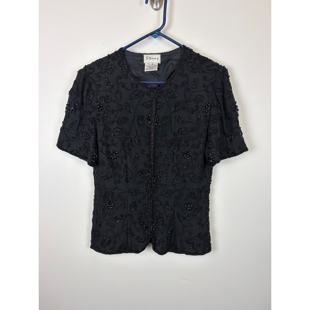 Stenay Beaded Silk Top Small Black Vintage Evening Floral Sequin 80s 90s Glam